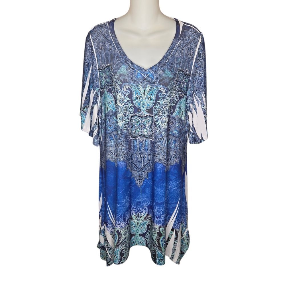 Women's Nwot Asymetric Hem Sublimation Boho Tunic Top Size Large